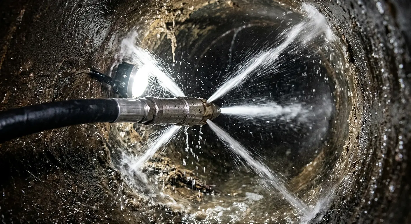 High-pressure hydro jetting nozzle cleaning sewer pipe for Trenchless Sewer Repair in Gulf Shores