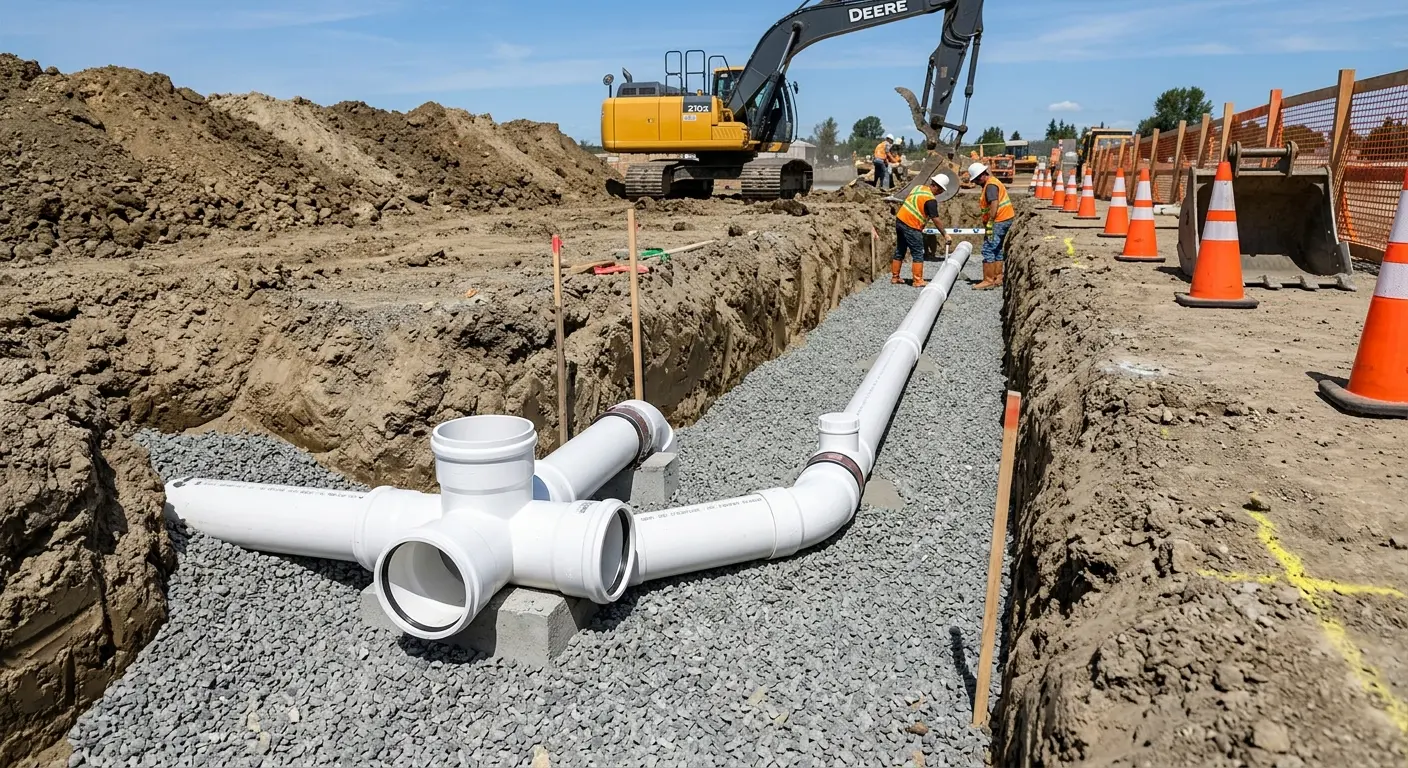 New PVC sewer pipe installation in open trench for Commercial Drain Cleaning in Gulf Shores