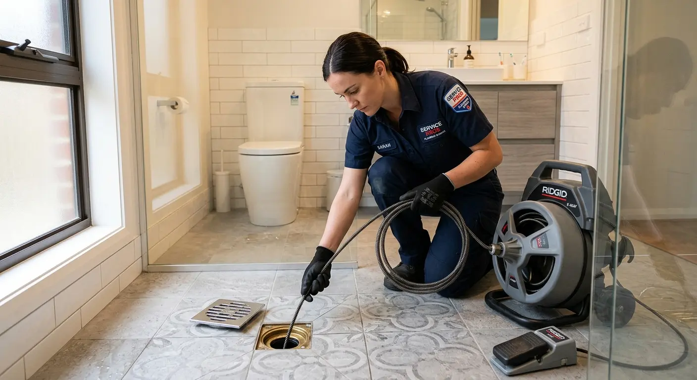 Technician clearing a bathroom floor drain for Hydro Jetting in Gulf Shores